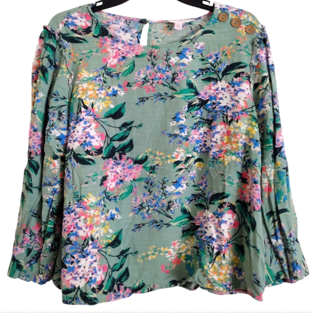 Lauren Conrad Floral Green Multicolor Rayon Cotton Top Size XL